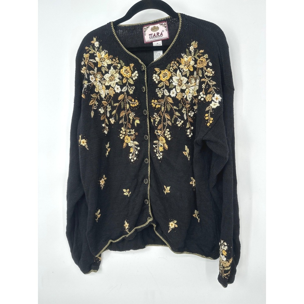 VTG Tiara International Cardigan Sweater Women M Black Floral Embroidered Beaded